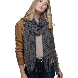 NWT Gray Soft Net Scarf With Fringe Frayed Accent